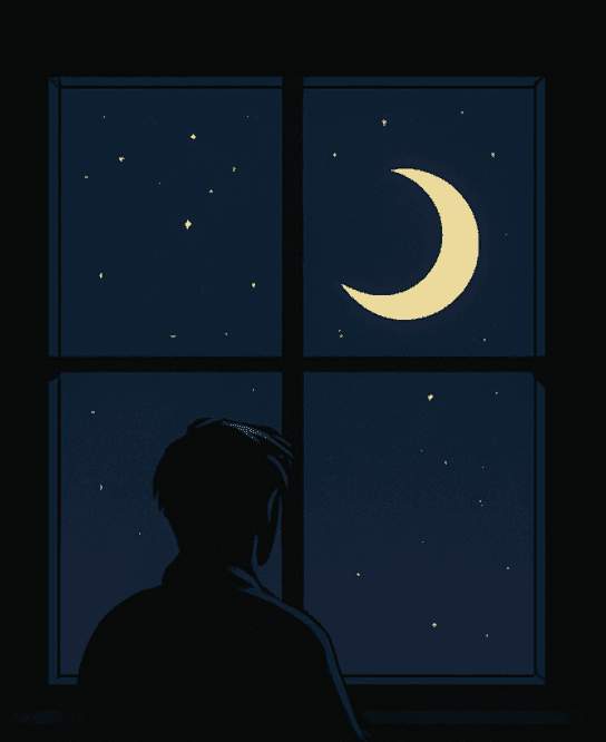 Silhouette looking out a window at a moonlit night